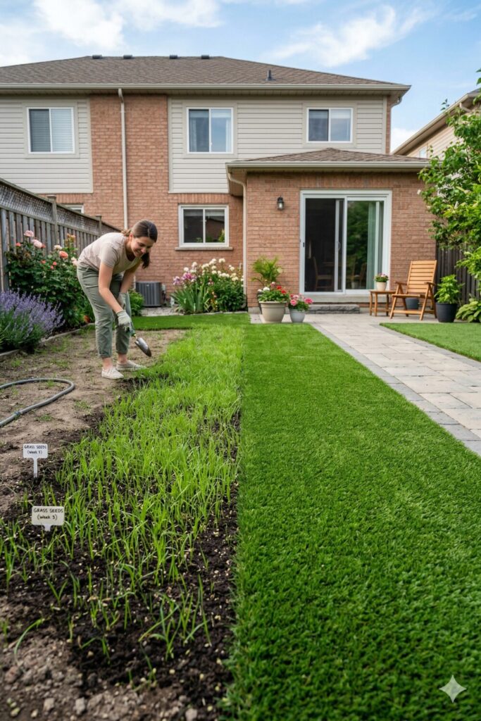 fresh green lawn with natural grass and artificial turf patches, well-maintained garden outdoor space