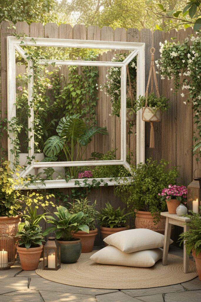 small garden with decorative outdoor mirror reflecting plants and sunlight, making space look larger and brighter