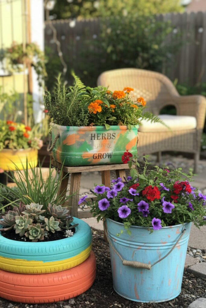 DIY garden planters made from old bucket and recycled items, painted containers with plants in a creative outdoor space