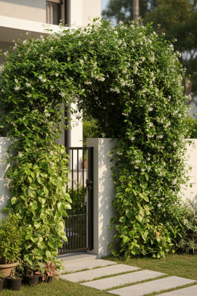 garden wall covered with climbing plants like jasmine, green vines growing on gate adding height and beauty