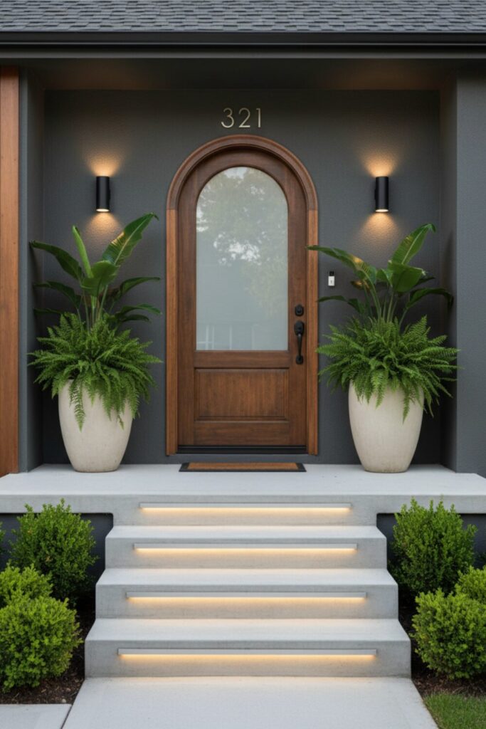symmetrical garden design with matching plants on both sides of front door, clean and balanced outdoor look