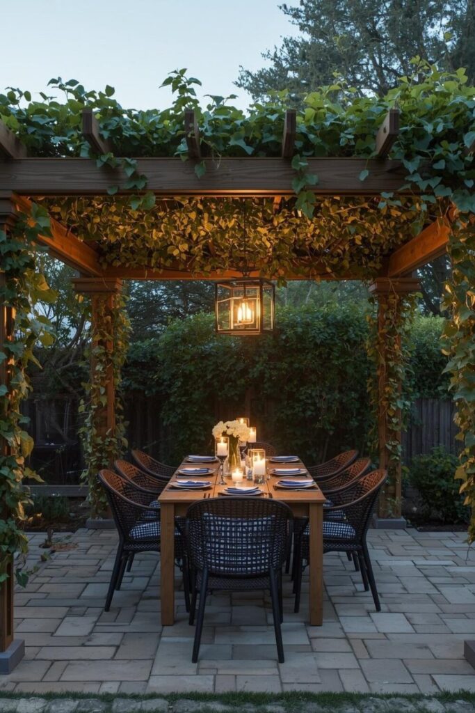 Pergola trellis with dining table and warm lighting in garden.
