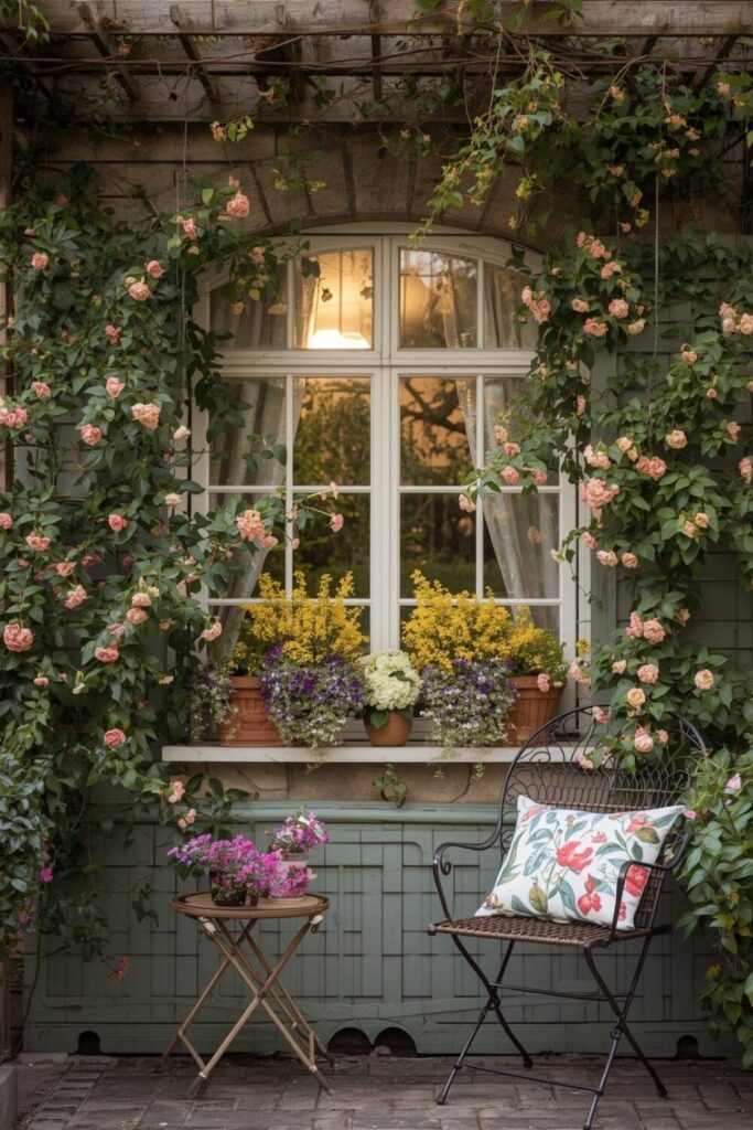 Window trellis with chair seating and potted plants.