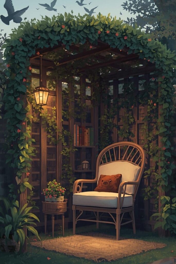 Corner trellis reading nook with chair and warm lighting.
