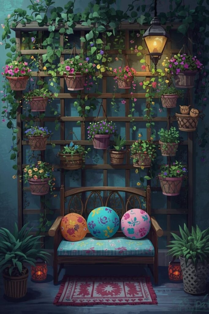 Balcony trellis with seating and hanging plants.