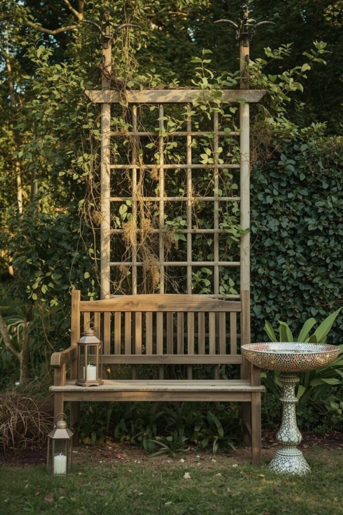 Ladder trellis with rustic bench and garden decor.