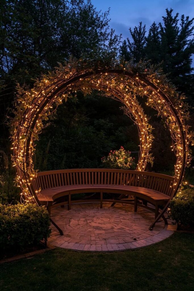 Circular trellis with curved bench seating, fairy lights, and bird bath in elegant garden.