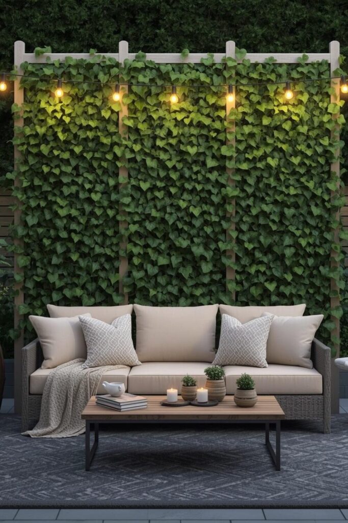 Privacy screen trellis with green wall, luxury sofa seating, and warm string lights.