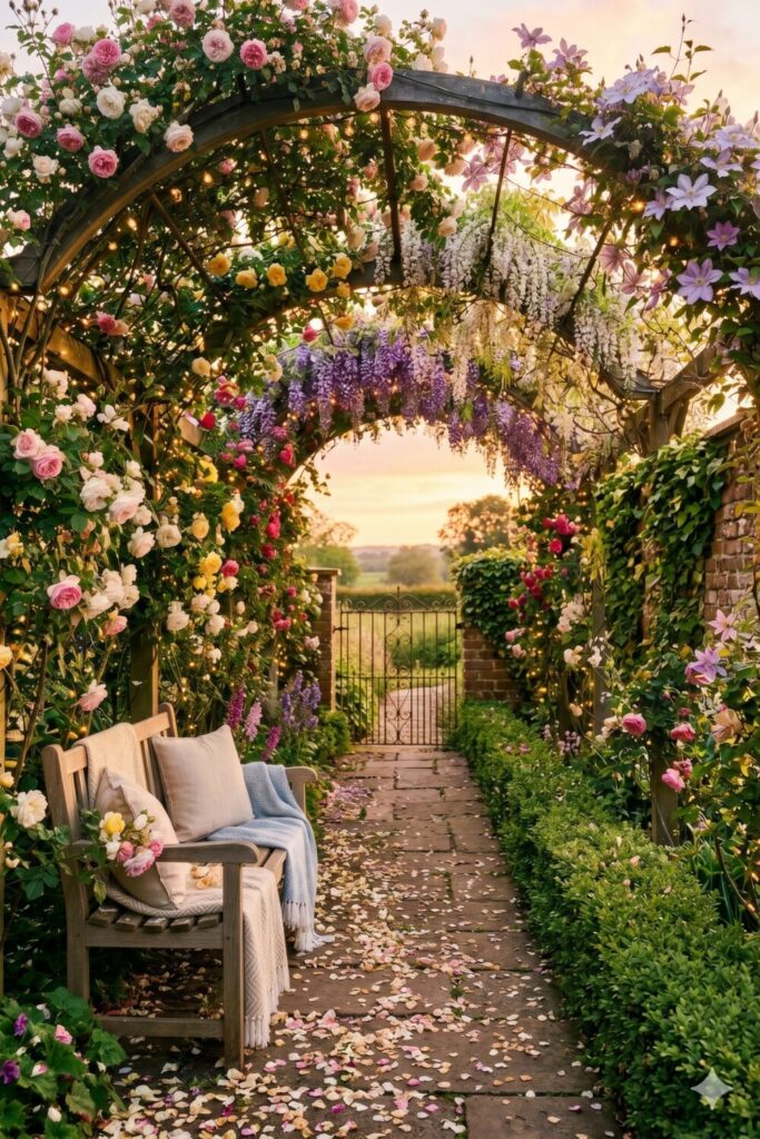 Flower tunnel trellis with romantic bench seating and glowing fairy lights.