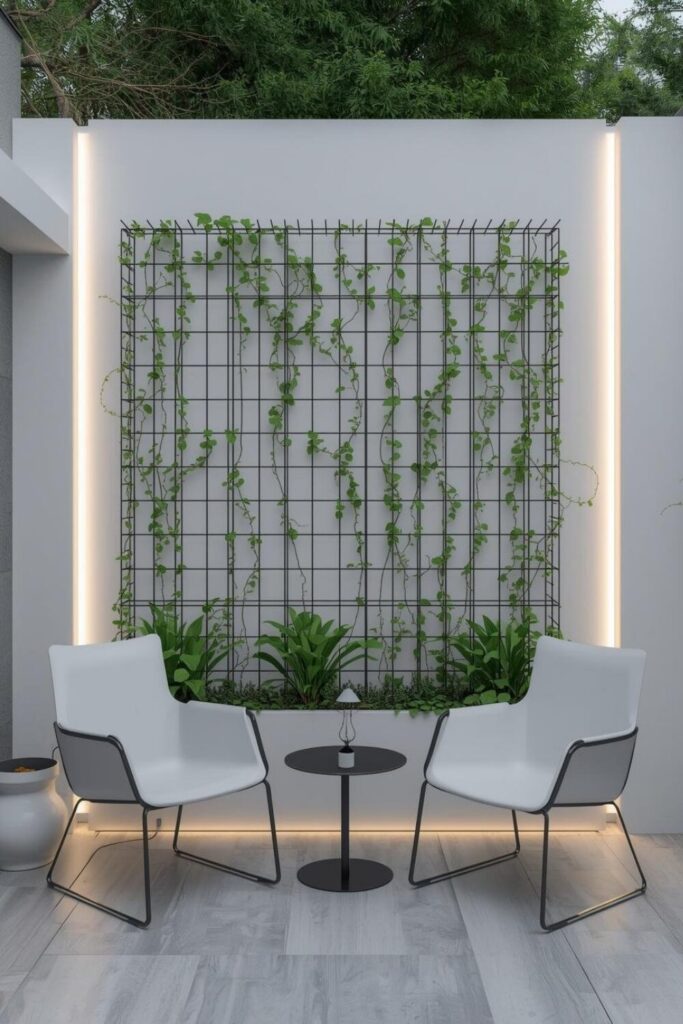 Minimal wire trellis with modern chairs and soft lighting in garden.
