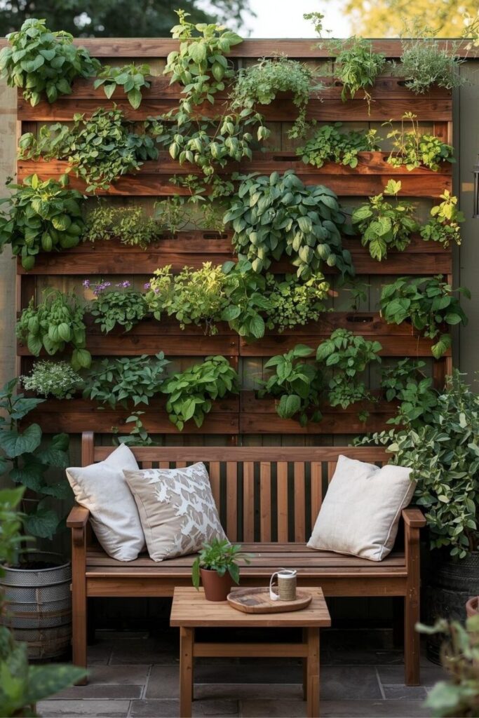 Herb trellis wall with cozy bench seating and rustic garden decor.