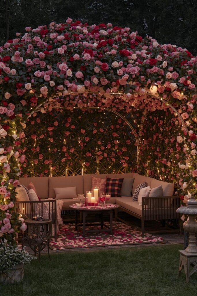 Fairy light trellis with cozy bench seating at night.