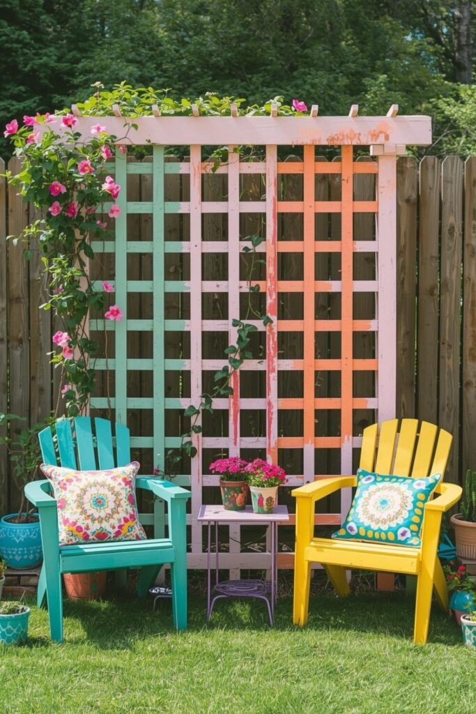 Painted trellis with colorful chairs and bright garden decor.