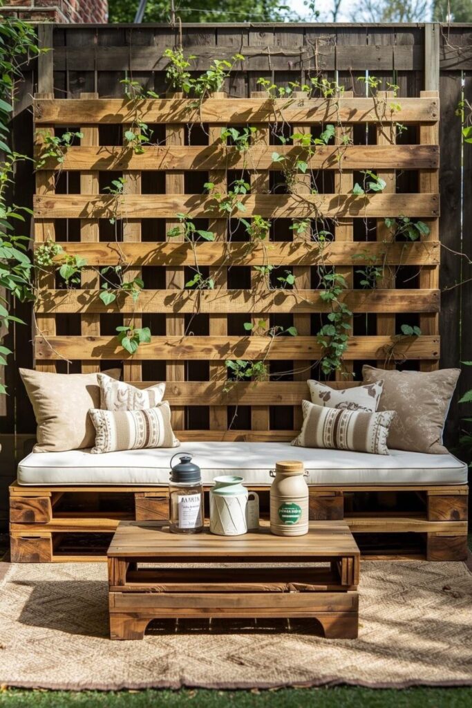 Pallet trellis with rustic DIY bench seating and decor.