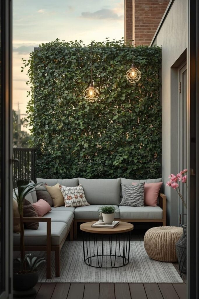 Balcony trellis with compact sofa and hanging lights.