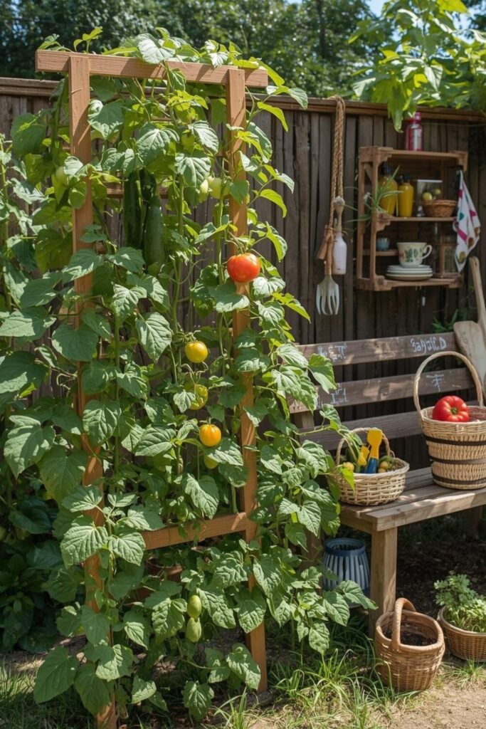 Vegetable trellis with bench seating and garden tools.