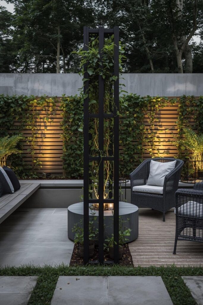 Garden divider trellis with dual seating areas.