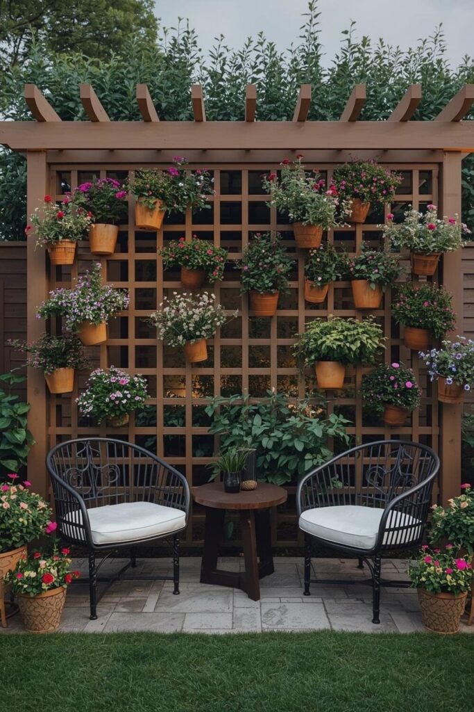 Artistic floral trellis with creative seating and decor.