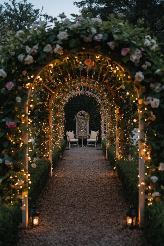 Arched trellis pathway with benches and fairy lights.