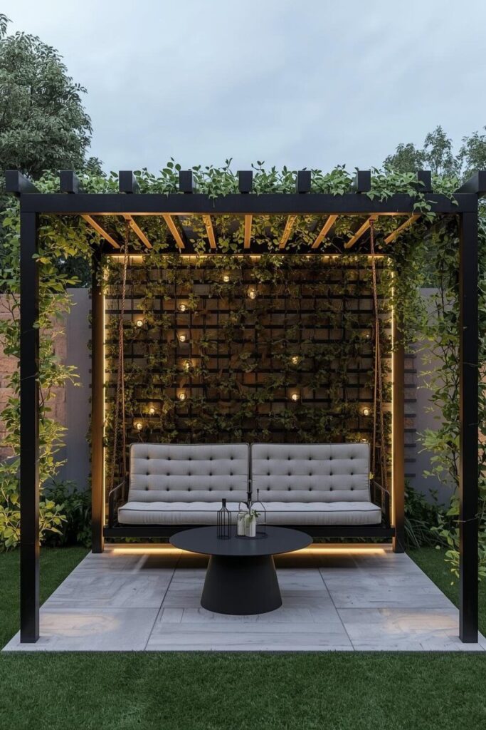 Mixed material trellis with modern sofa and lighting.