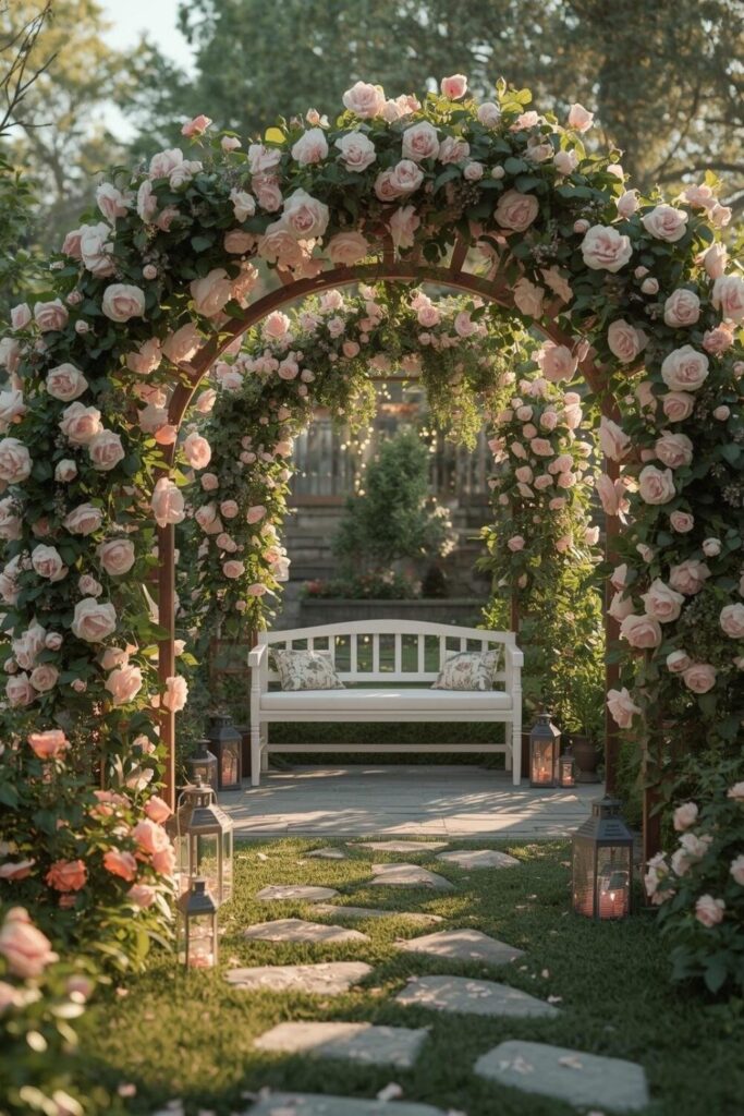 Dreamy garden with a wooden trellis arch covered in pink and white roses, glowing lanterns, fairy lights, stone pathway, and cozy seating area in warm golden hour lighting