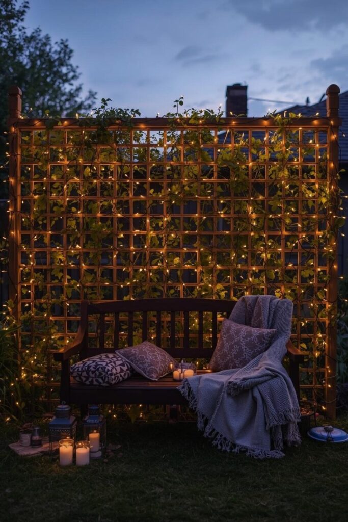 Fairy light trellis with cozy bench seating at night.