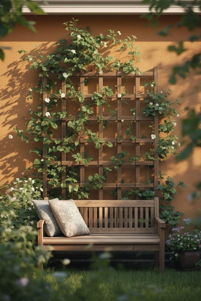 Classic wooden wall trellis with climbing jasmine and roses in a cozy garden.