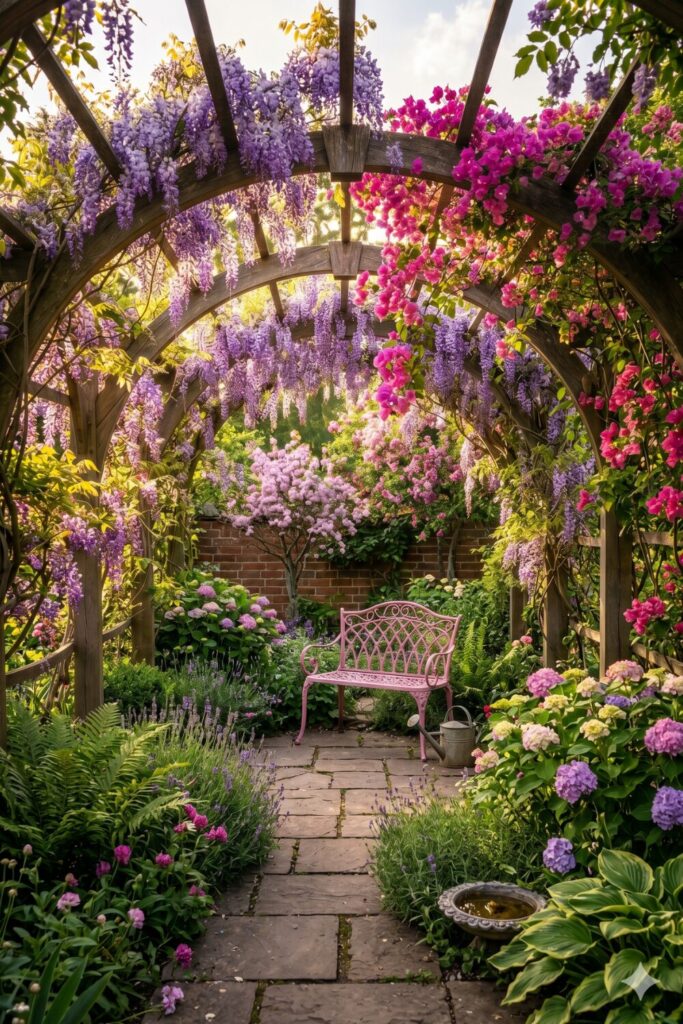 RFlower-covered garden arch trellis with romantic pathway entrance.