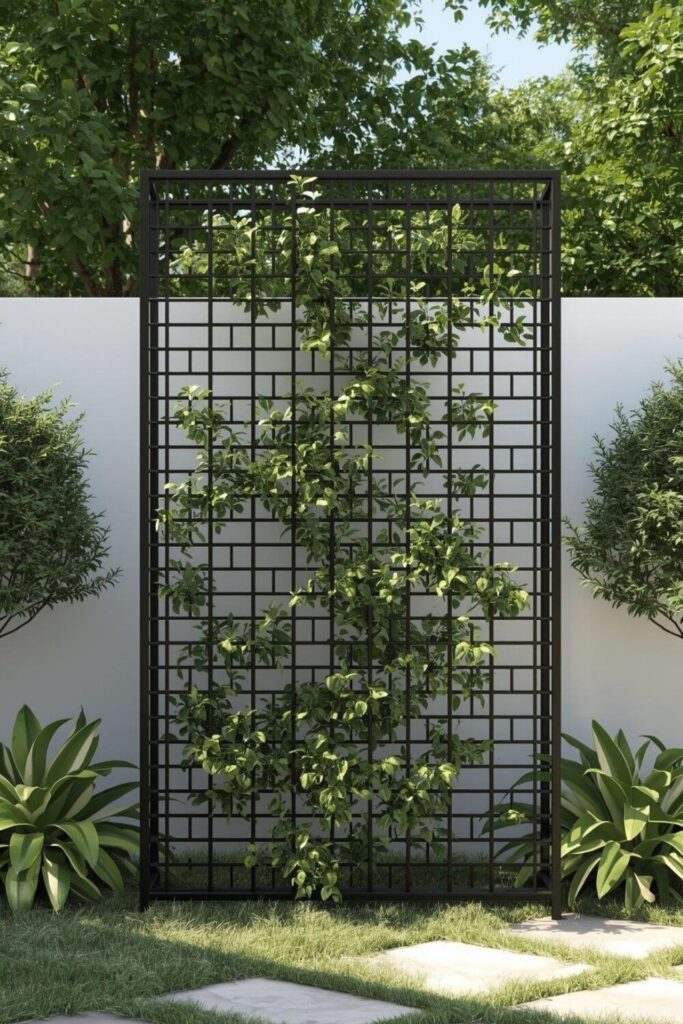 Modern black metal trellis with climbing green plants in a stylish garden.