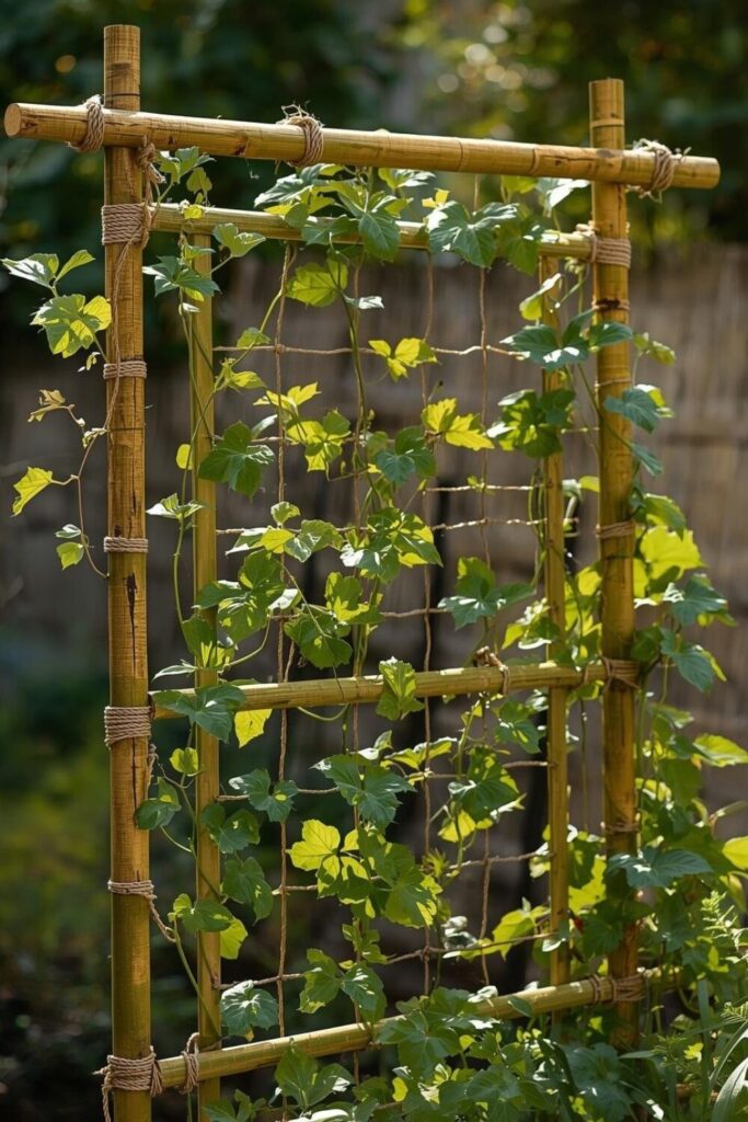 Eco-friendly bamboo trellis with climbing plants in a garden.