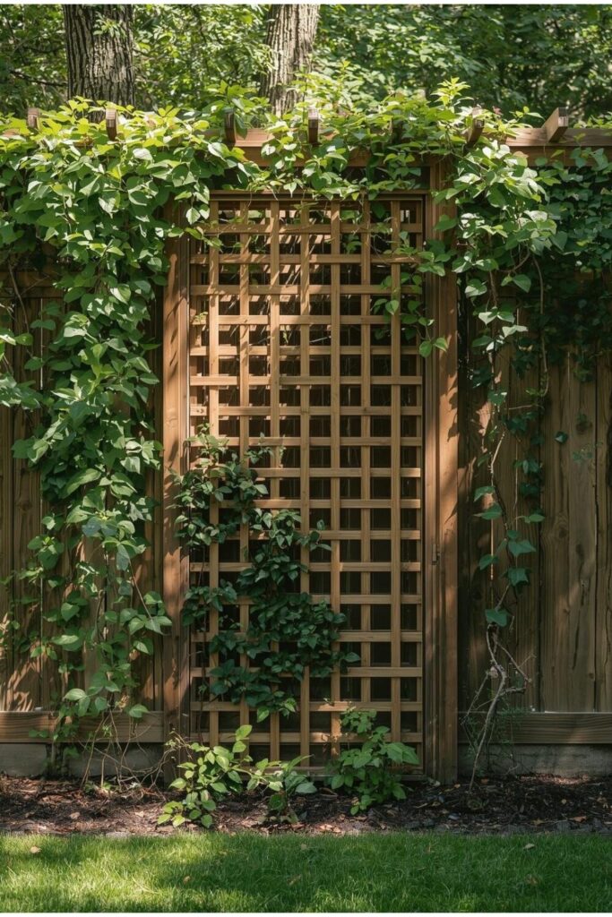 Privacy trellis fence with outdoor sofa, fairy lights, and bird bath.