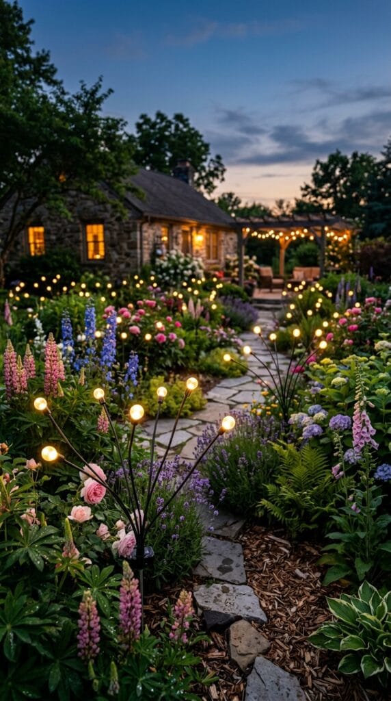 ASMAD solar swaying garden lights with glowing LED tips moving among flowers and plants in a backyard garden at dusk.