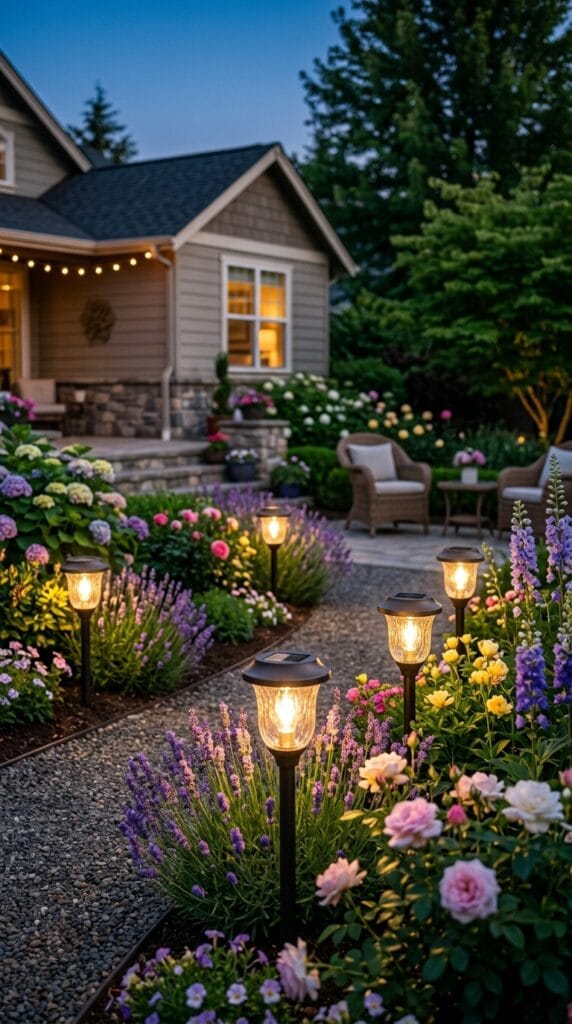 GIGALUMI solar garden lights glowing softly in a colorful flower bed, creating a warm and decorative outdoor atmosphere.