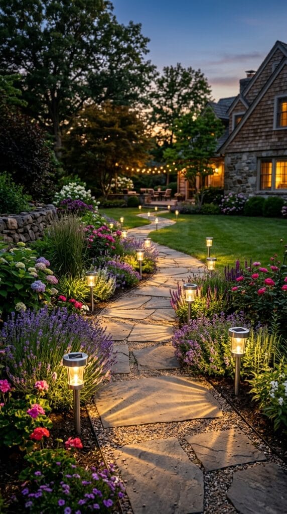 Beau Jardin solar pathway lights installed along a landscaped garden path, providing bright LED illumination with a warm glow at dusk.