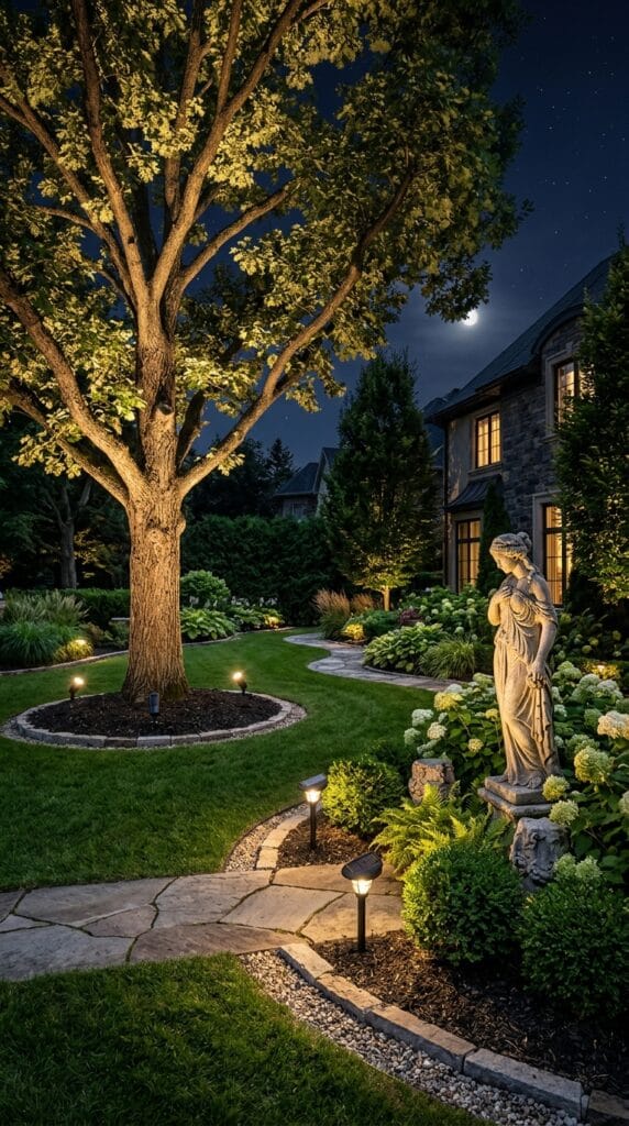Hampton Bay solar landscape spotlights shining on a backyard tree, shrubs, and garden statue at night.