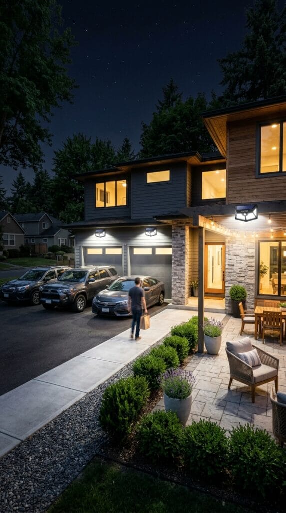 AOOTEK solar motion sensor lights illuminating a driveway and patio at night after detecting movement near a home's entrance.