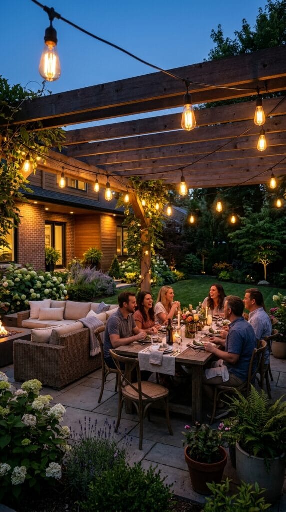 Brightech Ambience Pro solar string lights with vintage-style bulbs hanging above a backyard patio and outdoor dining area at night.