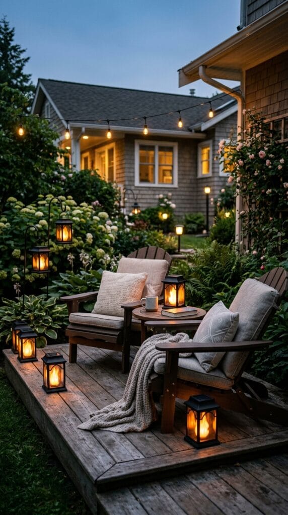 TomCare solar lantern lights with a flickering flame effect glowing beside a backyard patio seating area at night.