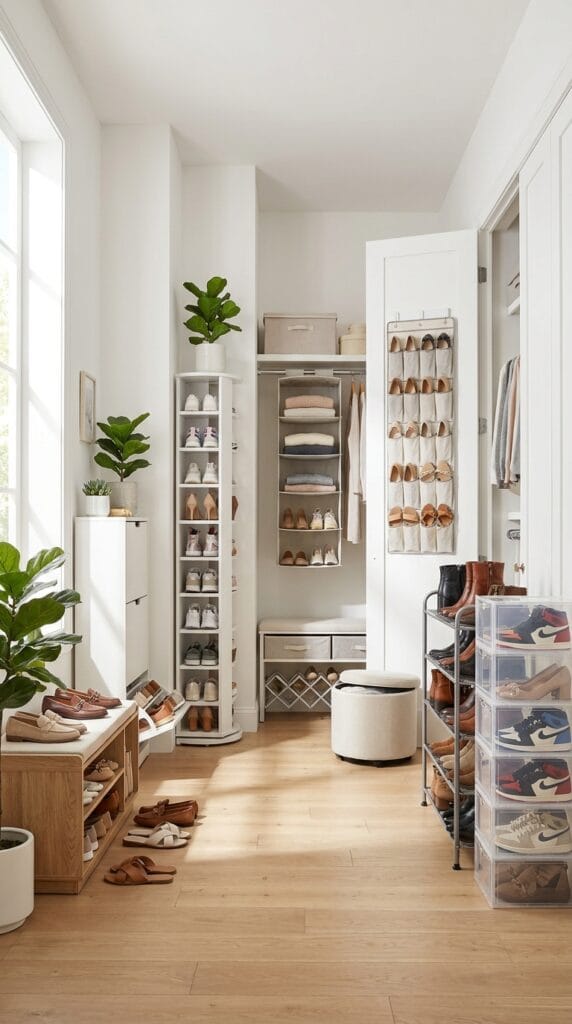 Modern home featuring 10 Amazon shoe storage solutions, including clear shoe boxes, shoe racks, storage benches, and closet organizers.