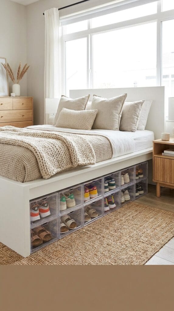 Clear under-the-bed storage containers filled with shoes beneath a modern white bed.