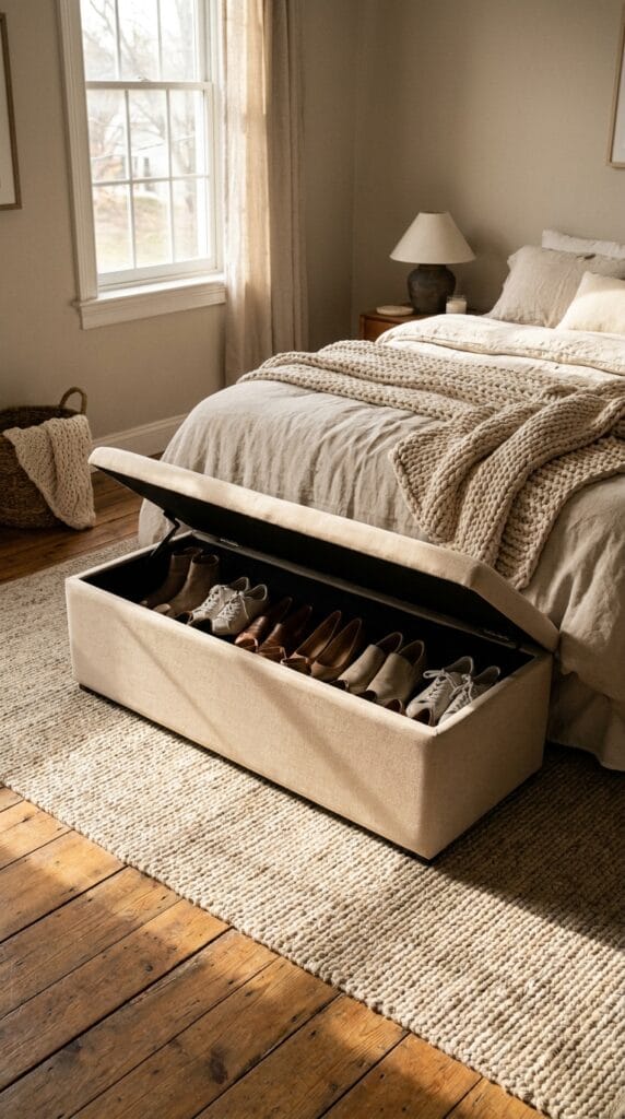 Beige storage ottoman opened to reveal neatly stored shoes inside a modern bedroom.
