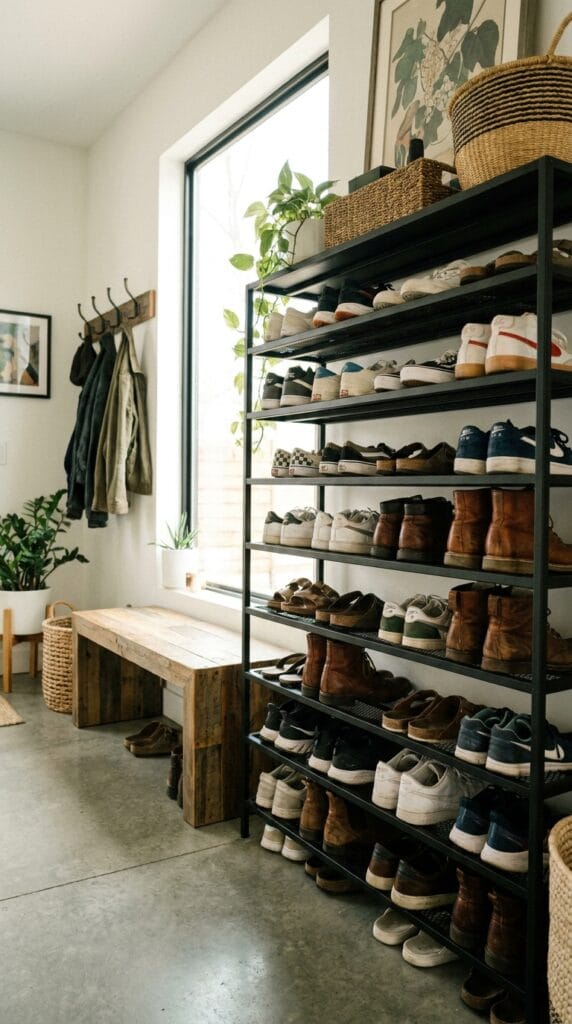 Black heavy-duty metal shoe rack with neatly organized sneakers and boots in a mudroom.
