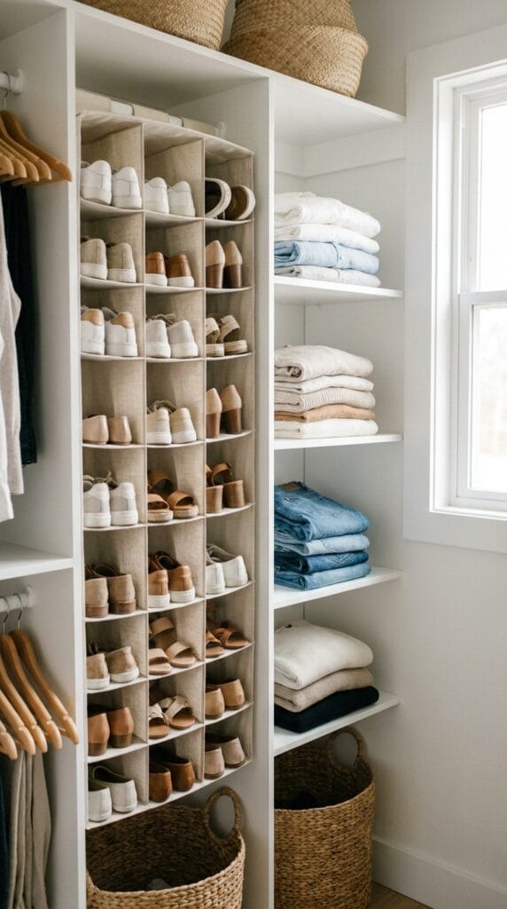 Fabric hanging shoe organizer inside a closet filled with sneakers, sandals, and flats.
