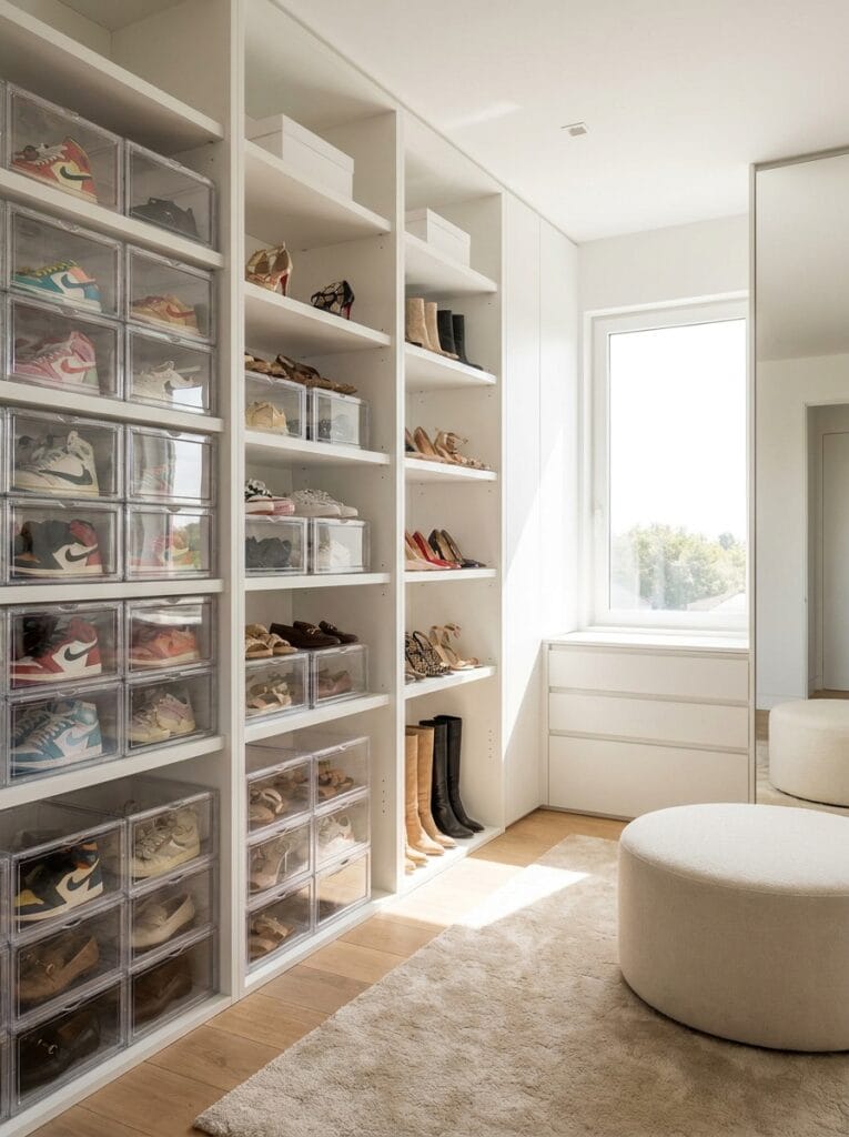 Clear stackable shoe boxes neatly organized on white closet shelves with sneakers, heels, and boots.