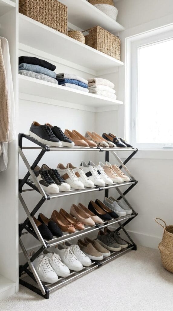Expandable metal shoe rack holding neatly arranged sneakers and casual shoes inside a closet.