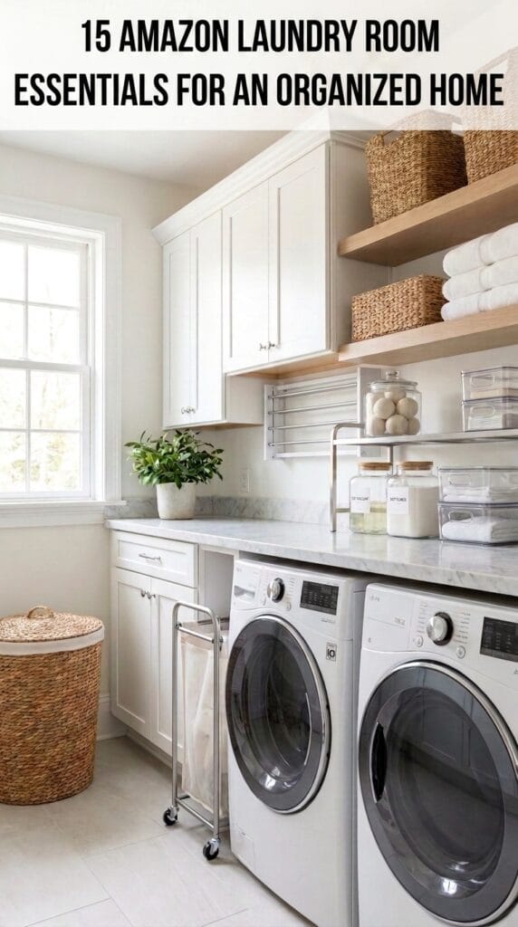 Modern laundry room featuring Amazon laundry room essentials including storage shelves, rolling cart, detergent dispensers, laundry baskets, and organization accessories.