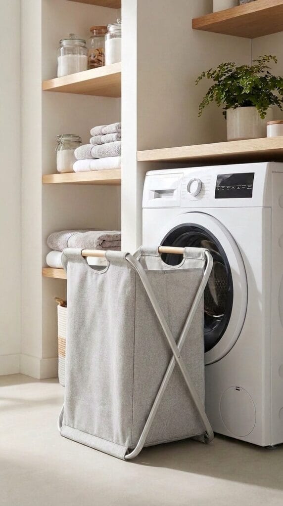 Foldable laundry basket inside a modern laundry room