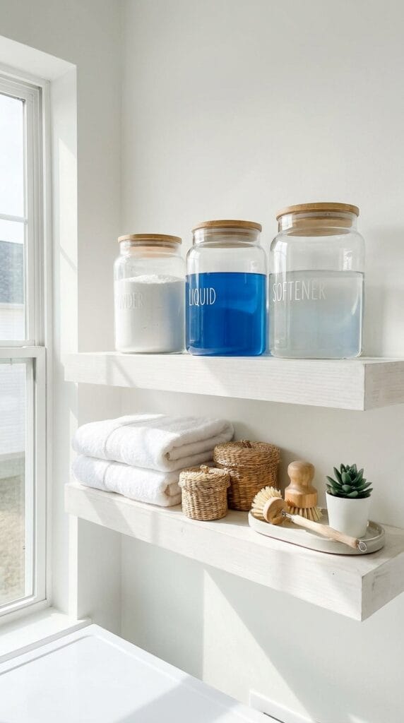 Clear labeled detergent dispensers on laundry shelf