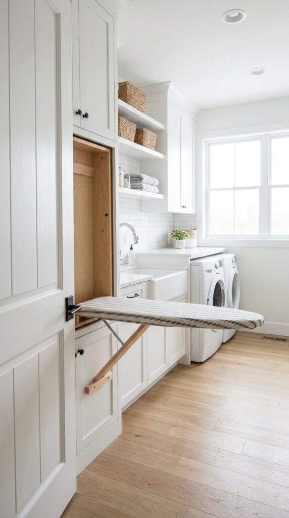 Foldable ironing board hanging behind door