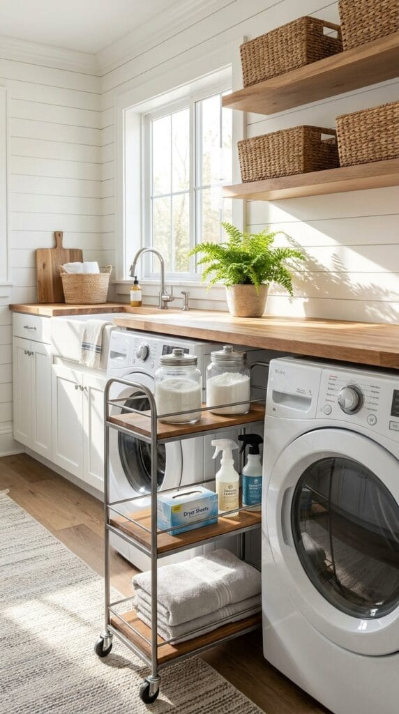 Slim rolling laundry cart beside washer and dryer for extra storage